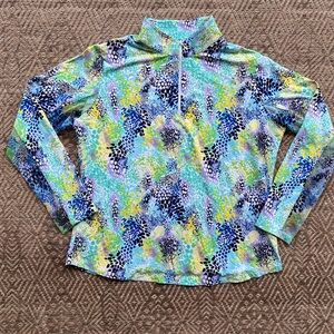 IBKUL Blue Multicolor 1/4 Zip Long Sleeve Sun Shirt Womens Golf Tennis
